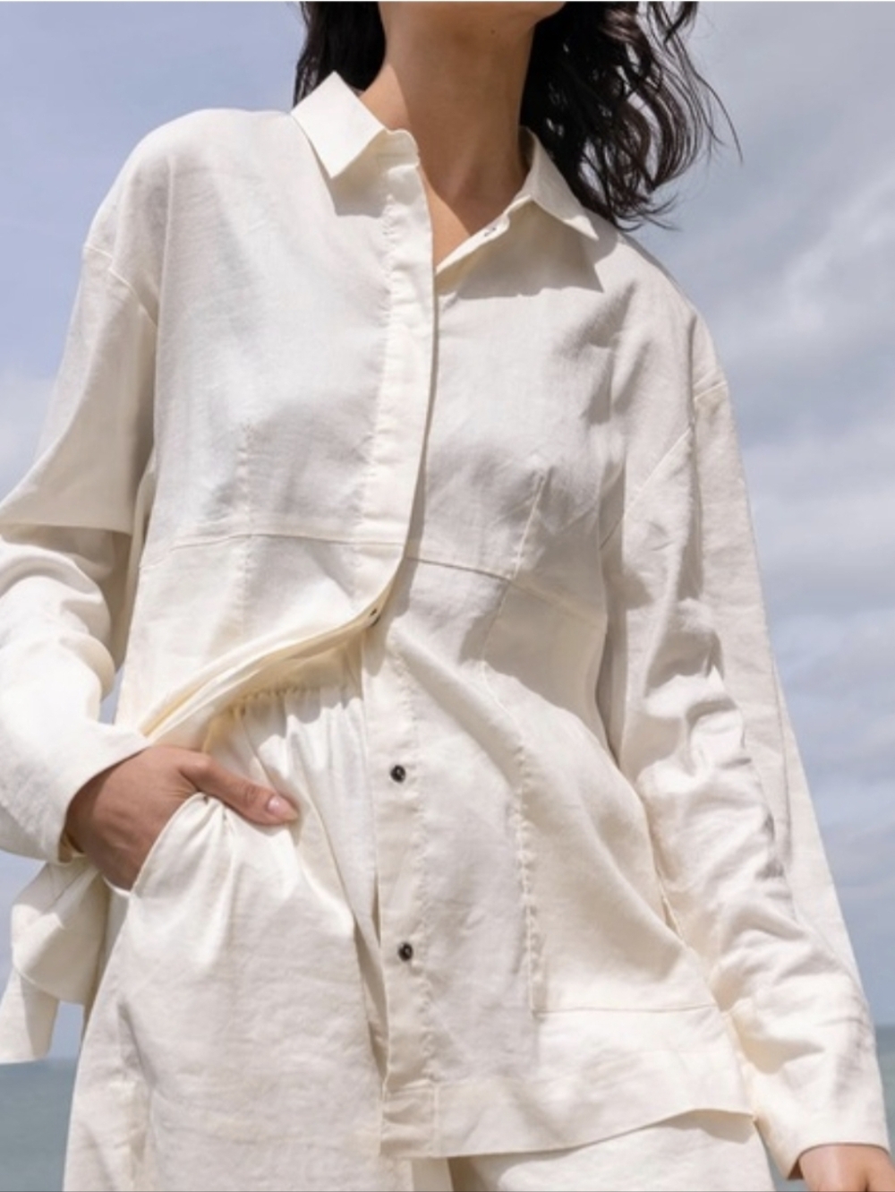 ADAY Relax I'm Flax Linen Snap Button Shirt Size Medium Ecru Oversized Chic EUC